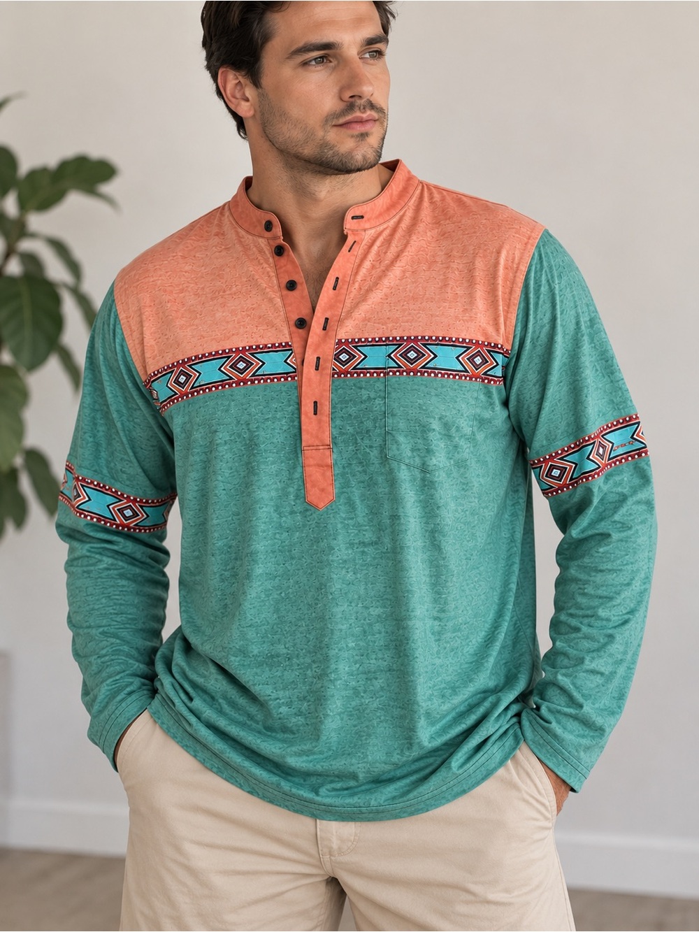 OUKU NWT Men’s Aztec Print Long Sleeve Henley Shirt Size 3XL